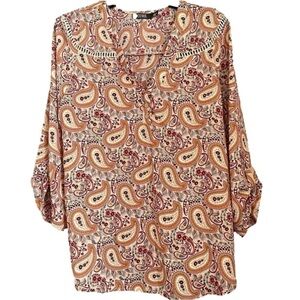 Women Blouse Paisley Print V-Neck Size L 3/4 sleeve